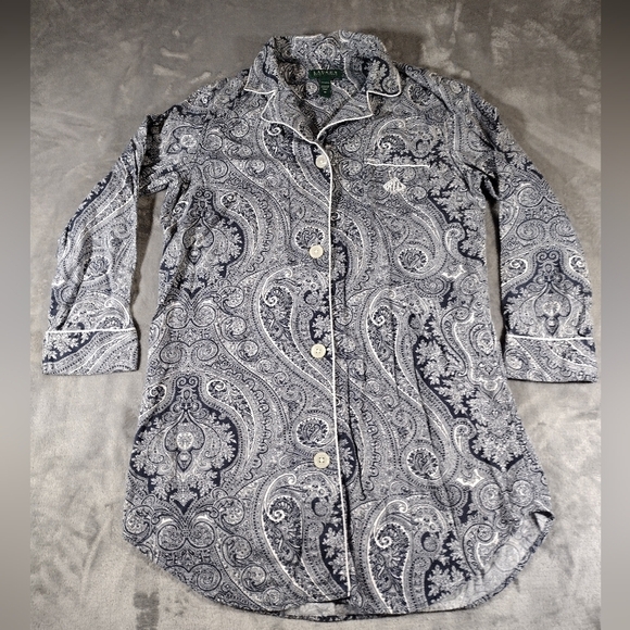 Lauren Ralph Lauren Paisley Monogram Logo Sleepshirt Women M Pajamas Loungewear - Picture 1 of 9
